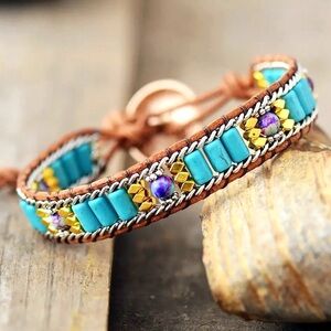 Turquoise Beads Leather Adjustable Artisan Handmade Bracelet